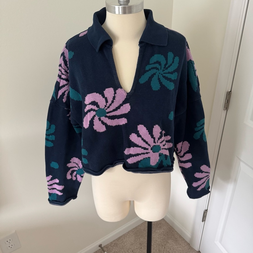 ForDays Cropped Floral Sweater - Mood Indigo Floral